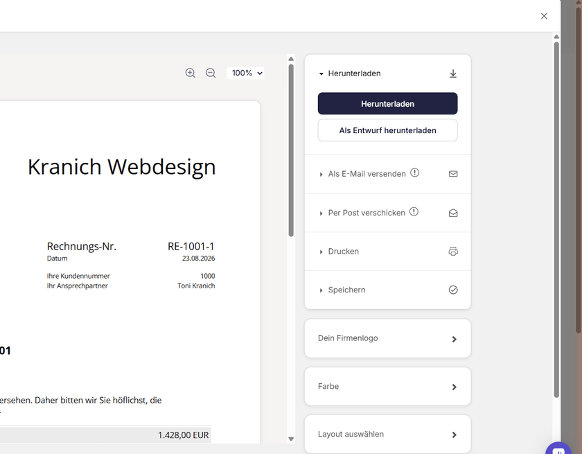 Ausschnitt des Dialogs Dokument versenden in sevdesk. Links die Vorschau mit der Dokumentnummer RE-1001-1, rechts die fünf Wege Herunterladen, Als E-Mail versenden, Per Post verschicken, Drucken und Speichern.