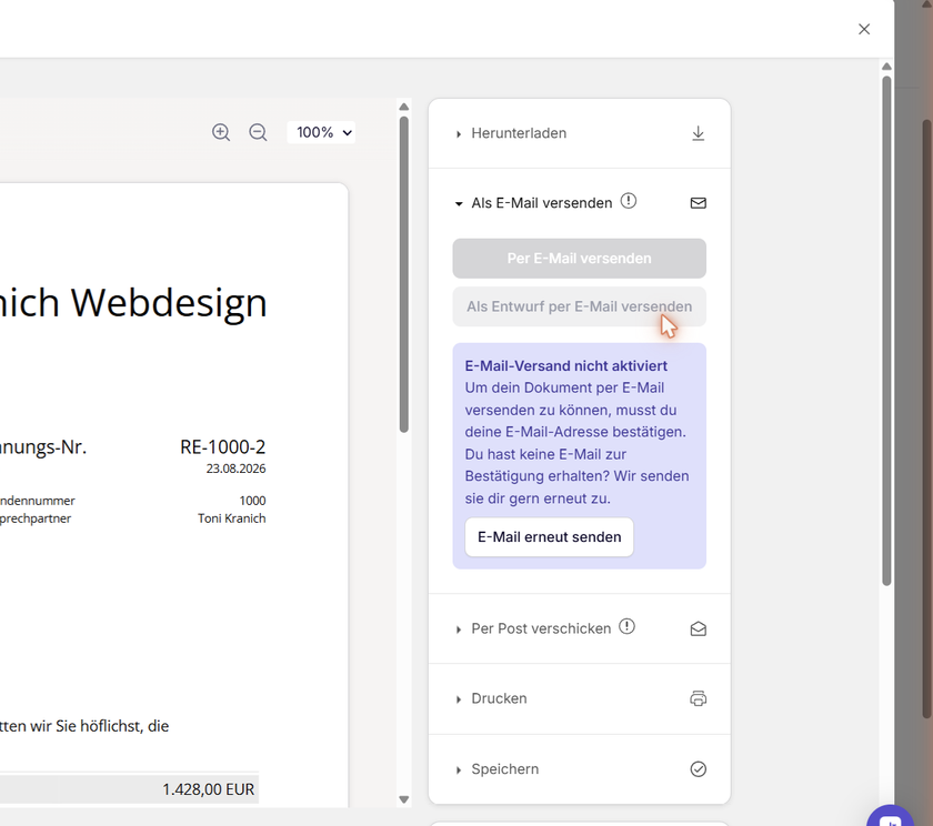 Ausschnitt des Dialogs Dokument versenden in sevdesk mit aufgeklapptem Abschnitt Als E-Mail versenden. Beide Schaltflächen sind ausgegraut, darunter steht der Hinweis E-Mail-Versand nicht aktiviert mit der Schaltfläche E-Mail erneut senden.