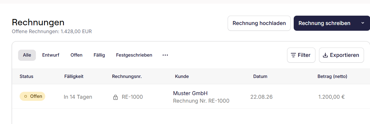 Der Bereich Rechnungen in sevdesk mit der Liste der Rechnungen und der Schaltfläche Rechnung schreiben oben rechts.