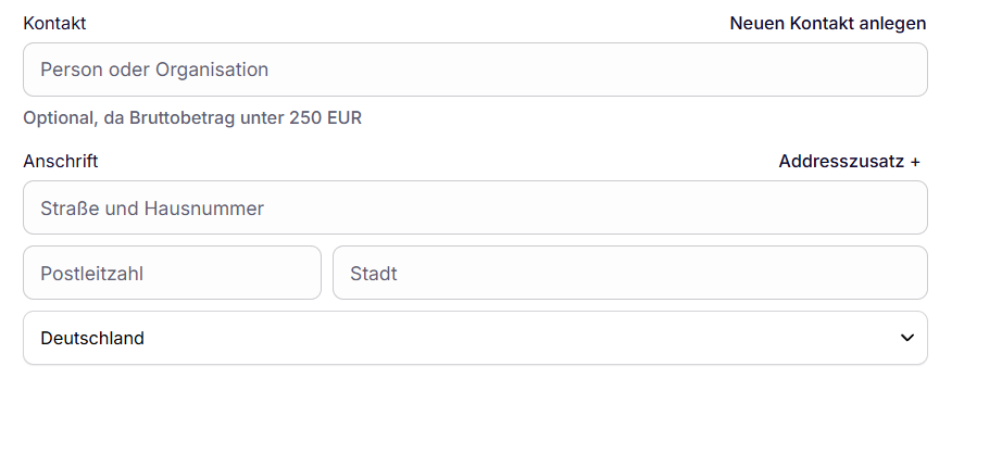 Das leere Kontaktfeld im sevdesk-Rechnungsformular mit dem Hinweis Optional, da Bruttobetrag unter 250 EUR und den Feldern für die Anschrift.