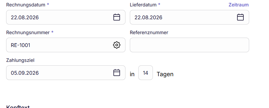 Rechnungsdatum, Lieferdatum, Rechnungsnummer RE-1001 und ein Zahlungsziel von 14 Tagen im sevdesk-Formular.