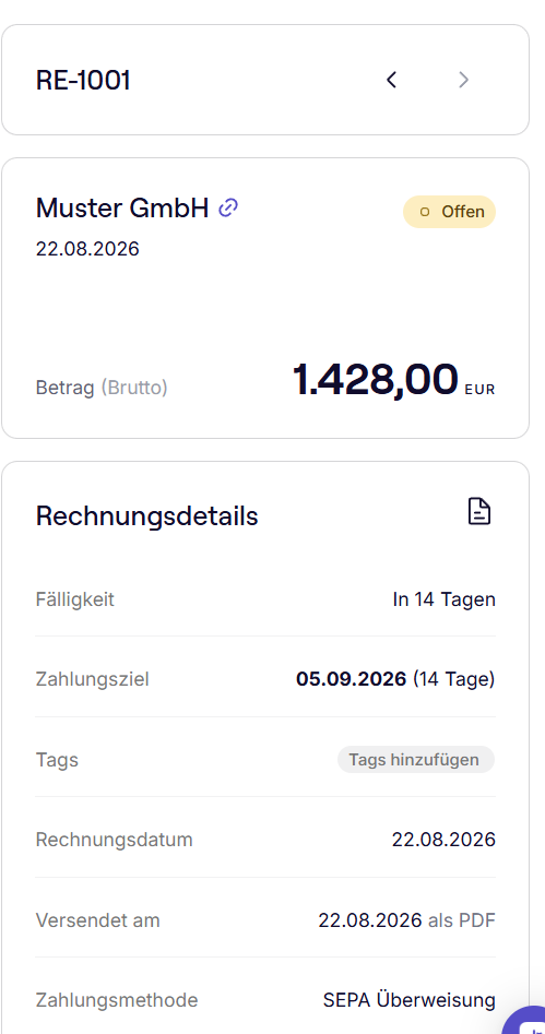 Detailseite der Rechnung RE-1001 in sevdesk mit Status Offen, Bruttobetrag 1.428,00 Euro, Fälligkeit in 14 Tagen und Zahlungsziel 05.09.2026.