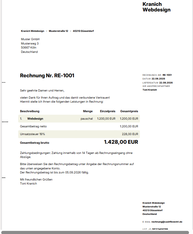 Das fertige Rechnungs-PDF von Kranich Webdesign an die Muster GmbH mit Position Webdesign, 1.200,00 Euro netto, 228,00 Euro Umsatzsteuer und 1.428,00 Euro brutto.